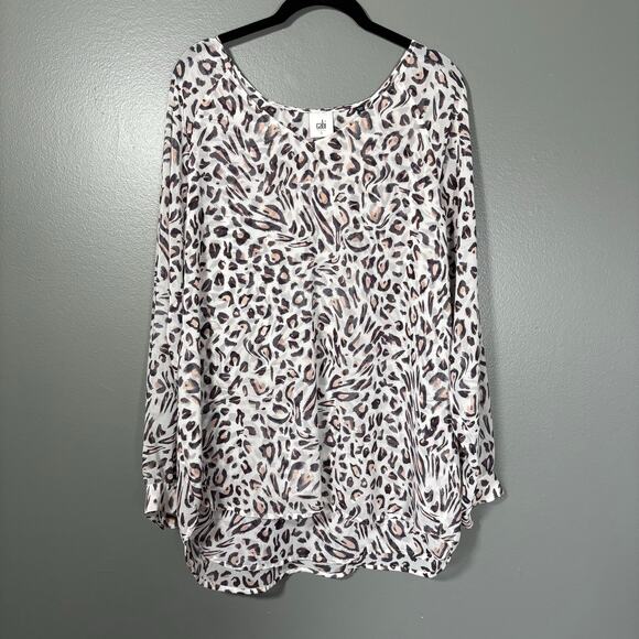Cabi Women's White Leopard Print Chiffon Boho Top - Size Large - Long Sleeves - Picture 1 of 6